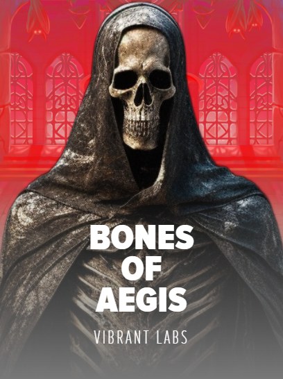 Bones of Aegis — a hooded skeletal reaper before a red cathedral window