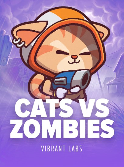 Cats vs Zombies — a hooded orange cat wielding a cannon in a purple suburb